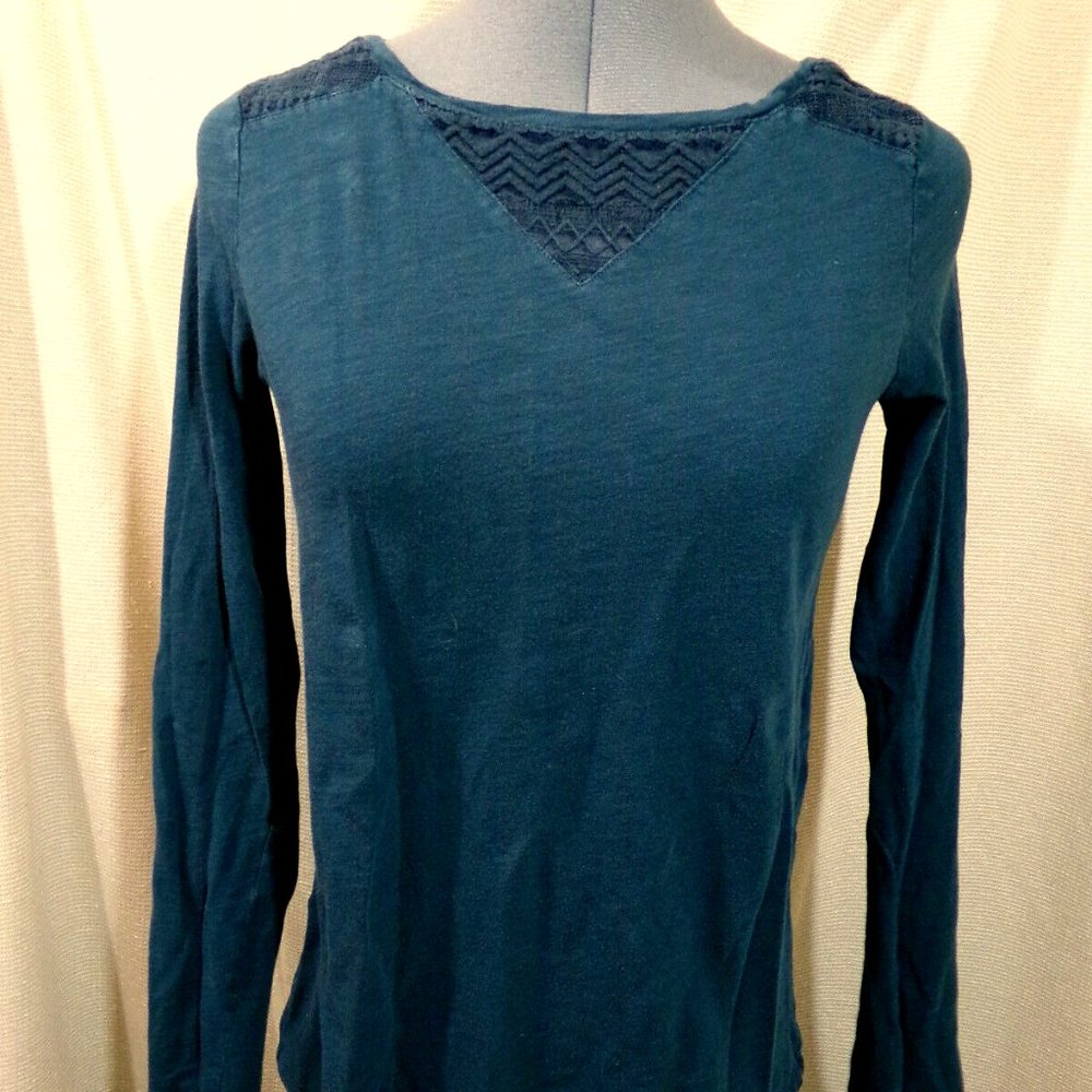 PROMOD Lace Inset T-shirt Top S Teal Blue Green Boho heathered Costal Vibe LS